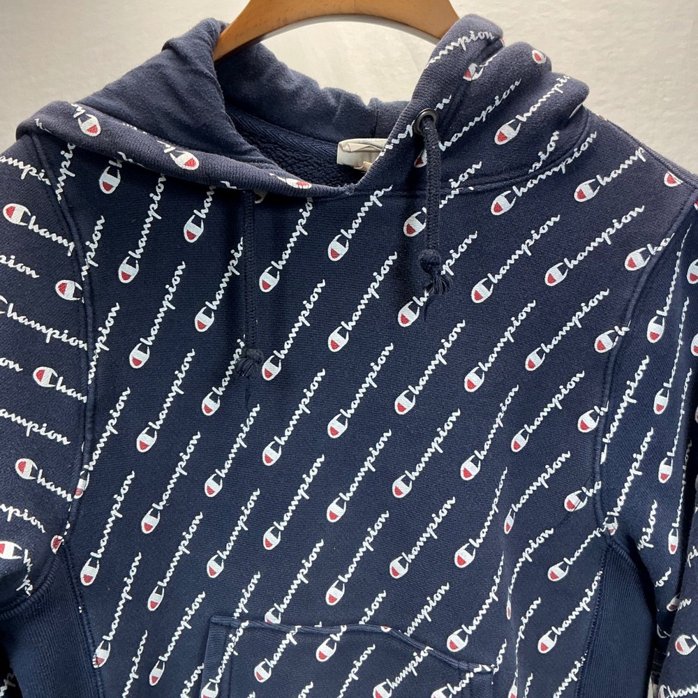 Vintage Champion Reverse‎ Weave Hoodie Pullover Sweatshirt All Over Print XS